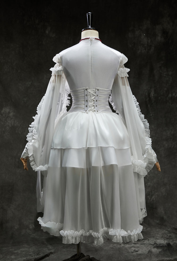 My Dying Bride Halloween White Short Wedding Dress Irregular Ruffled Dress with Corset and Gloves